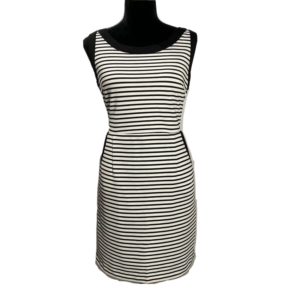 Gianni Bini Dress LARGE‎ White Black Stripe Knit Sheath Pocket Open Back Keyhole